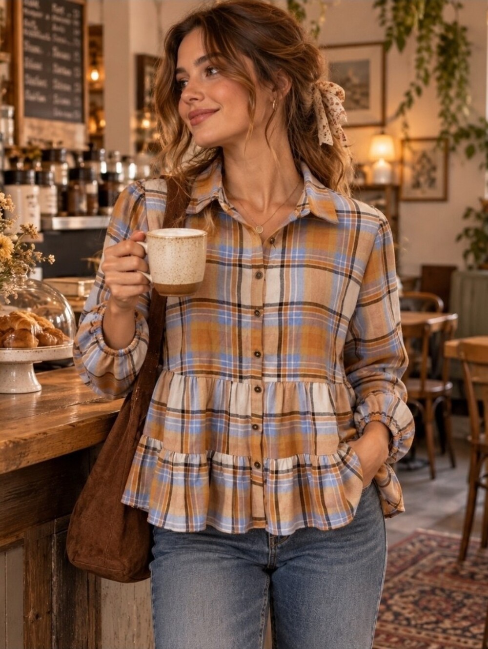 Blue Rain Plaid Tiered Button-Front Peplum Cottage Cozy Fall Blouse Large